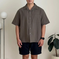 COZYCLUB CUBAN BOWLING Shirt Linen Premium | Kemeja Bowling Kerah Terbuka Lengan Pendek Baju Dark Gr