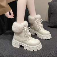 Winter New Genuine Leather High Heel Rabbit Hair Short Boots Women's Thick Heel Thick Sole British Martin Boots with Plush Cotto