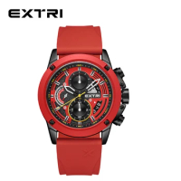 EXTRI Silicone Men Watches Red Color Fashion Chronograph Casual Watch Waterproof 3ATM Stainless Steel Back With Tin Box