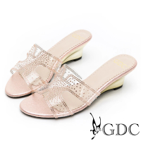 【GDC】滿版水鑽玻璃感金屬調奢華亮麗楔型拖鞋-粉色(113415-13)