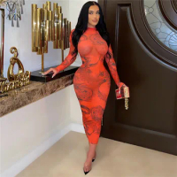 VAZN 2022 Spring See Through Lace Red Beach Holiday Young Turtleneck Full Sleeve Women High Waist Skinny Long Pencil Dress