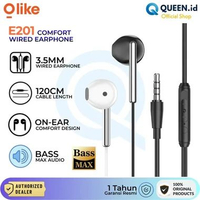 Olike E201 Wired Earphone Headset Kabel 120cm Aux 3.5mm Jack Audio Bass Max With Mic On-Ear HITAM
