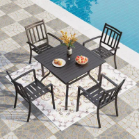 Outdoors Dining Tables Chairs Set,4 Steel Metal Stackable Patio Chairs 1 Square Dining Table, 5-Piece Outdoor Dining Set