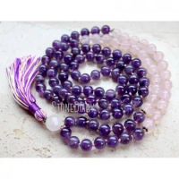 MN36766 Amethyst Rose Quartz 108 Mala Beads Knotted Mala Tassel Necklace Yoga Jewelry Meditation Beads Spiritual Boho Jewelry