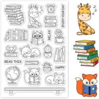 1pcs Animal Study Pattern Clear Stamps, Giraffe/Cat/Fox/Mouse/Books/Globe/Clock Transparent Rubber Stamps