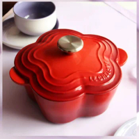 20cm Flower-shaped Pot Petal Pot Enamel Cast Iron Pots Household Stew Pots Auxiliary Food Pots Pink Kitchen Cookware Cooking Pot