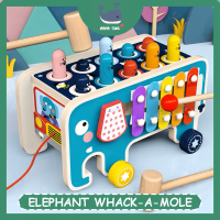 MAMA SING Elephant Drag Wooden Vehicle Whack-A-Mole Mainan Montessori