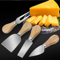 Stainless Steel Four Piece Set with Oak Handle Cheese Knife Cheese Knife Butter Knife Fruit Fork Cheese Knife