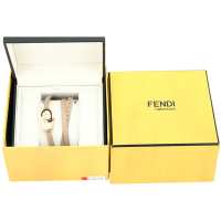 FENDI O Lock Vertical 雙F標誌不鏽鋼鑲鑽小牛皮錶帶橢圓形腕錶(奶茶色)
