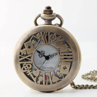 【時光旅人】不思議之國 愛麗絲系列鏤空造型復古翻蓋懷錶附長鍊 盒裝 生日 送禮 禮物