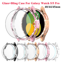 Diamond Case+Glass for Samsung Galaxy Watch 5 Pro 45mm Bling PC Bumper Cover Screen Protector for Galaxy Watch 5 40mm 44mm