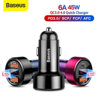Baseus 45W Car Charger Dual USB Type C Mobile Phone Charger Metal Car Charging QC3.0 4.0 Quick Charge for iPhone Samsung Huawei