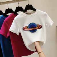星球亮片白色短袖女t恤修身春夏新款韓版磨毛半袖打底衫上衣