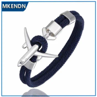 MKENDN Fashion Airplane Anchor Bracelets Men Charm Rope Chain Paracord Bracelet Male Women Air force style Wrap Metal Sport Hook