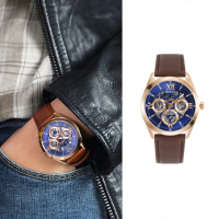 【GUESS】玫瑰金框 藍面 三眼日期顯示腕錶 鏤空錶盤 棕色皮革錶帶 手錶 情人節(GW0389G3)