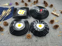 仿瓷黑色日式小吃涼菜盤子密胺餐具圓形創意火鍋自助餐盤飯盤商用