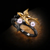 New Exquisite Hummingbird Pearl Black Gold Ring Ladies Ring Party Jewelry Engagement Gift Bird Magpie Ring 925 Silver Ring