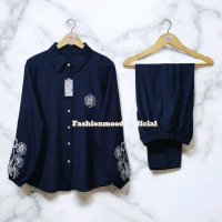 NOVIA ONE SET KEMEJA WANITA POLOS BORDIR BUNGA POLO LINEN PREMIUM // SETELAN LENGAN PANJANG CELANA P