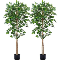 2Packs 5FT Ficus Trees Artificial With Realistic Leaves and Natural Trunk Artificial Plants for Home Decor Garden Decorations