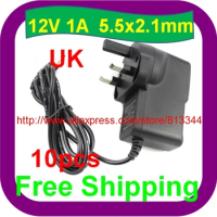 10 pcs Free Shipping DC 12V 1A/1000mA UK Power Supply Adapter for CCTV Cameras Sky Netgear Routers