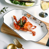 家用微波爐蒸魚盤子北歐簡約陶瓷長方形大號餐廳菜盤創意雙耳魚盤