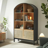 Rattan double-door bookshelves, floor-to-ceiling multi-layer books, black solid wood large-capacity bookcases