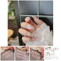 24pcs Pink Aurora Wearable Fake Nails With Glue Gold Foil Diamond Decoration Suitable Bride Wedding Fashion Artificial Nails