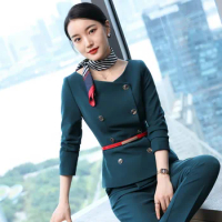 IZICFLY Autumn Winter New Office Ladies Suit with Pant Two Piece Women Business Blazer Set For Interview -Include Scarf and Belt