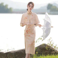 2023 ao dai chiffon long aodai women vietnam print flower cheongsam vintage mandarin collar elegant vietnam traditional dress