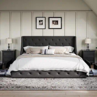 Upholstered Platform Bed Frame with 4 Storage Drawers&amp;Headboard, King size bed，Light Grey