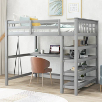Full Size Loft Bed with Storage Shelves Under Gray, Twin Size House Bed Wood Bed, Gray