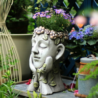 花園冥想人頭花盆戶外裝飾擺件可愛家居歐式雕像花器藝術園藝雜貨