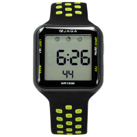 JAGA 捷卡 方型電子計時碼錶鬧鈴防水透氣運動矽膠手錶-黑綠色/38mm