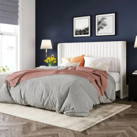 Bed frame, vertical channel tufted wing back headboard, soft cushion platform bed, full-size velvet bed frame