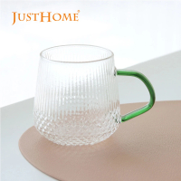 【Just Home】菱格紋線條耐熱玻璃馬克杯420ml 湖水綠(杯 玻璃杯 耐熱玻璃)