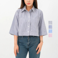 SANVANINA Women - Sienna Stripe Crop Shirt | Korean Crop Blouse Kemeja | Atasan Wanita Formal Casual