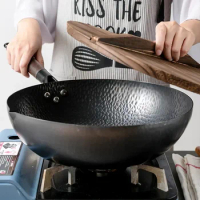 Lid With And Carbon Wok Wooden Induction Electric Frying Gas Set Pan For Bottom Non-stick Stir Steel Flat 32cm Fry Stove