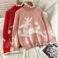 紅色半高領毛衣女新款冬季圣誕節慵懶風加厚寬松上衣針織衫
