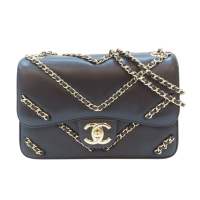 【二手名牌BRAND OFF】CHANEL 香奈兒 黑色 羊皮 山型紋鍊帶 肩背包