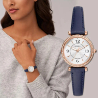 【FOSSIL】Carlie 晶鑽皮帶女錶-海軍藍/28mm 母親節 送禮 禮物(ES5295)