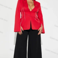 Plus Size Women Suit Pants Set 2 Piece Blazer+Trousers Red Crystals Formal Office Lady Prom Dress Jacket Coat Custom Made