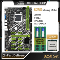 B250 Motherboard LGA 1151 ETH Mining Motherboard Kit With Celeron G3900 CPU And DDR4 2*8GB=16GB PC RAM Set 12*PCIE X16 SATA3.0