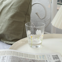 ins風日式錘紋手繪小雛菊玻璃杯家用水杯可愛少女牛奶杯果汁杯子