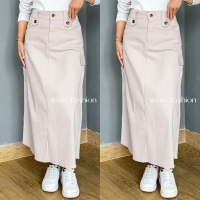 YM-Maira Rok Cargo Skirt Panjang Katun Twill Wanita Premium Kancing Karet Standar Jumbo Navy High