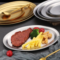 304 Stainless Steel Oval Silver Color Grill Plates Shallow Flat Bowls Fish Dish Food Dessert Tray