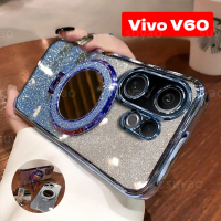 เคสโทรศัพท์, สำหรับ Vivo V60 5G 2025, กระจก, แม่เหล็ก, หรูหรา, พร้อมที่ใส่แหวน Bling, เคส, ดีไซน์สาว