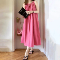 【初色】無袖清涼感中大碼圓領寬鬆純色背心裙連身裙中長裙洋裝-粉色-69525(M-2XL可選)