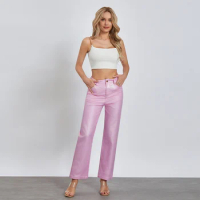 Women's Metallic Shiny Denim Pants Solid Color High Waist Disco Straight Leg Trousers for Party Dance