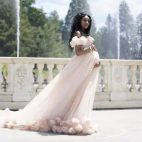 Blush Pink Ruffled Flower Maternity Gown for Photo Shooting Bridal Fluffy Tulle Maternity Dresses Extra Puffy Photography Dress