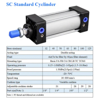 SC Standard Air Cylinder Bore 80/100/125mm Double Acting Pneumatic Piston Cylinder Tools 25/50/75/100/200/500/800/1000mm Stroke